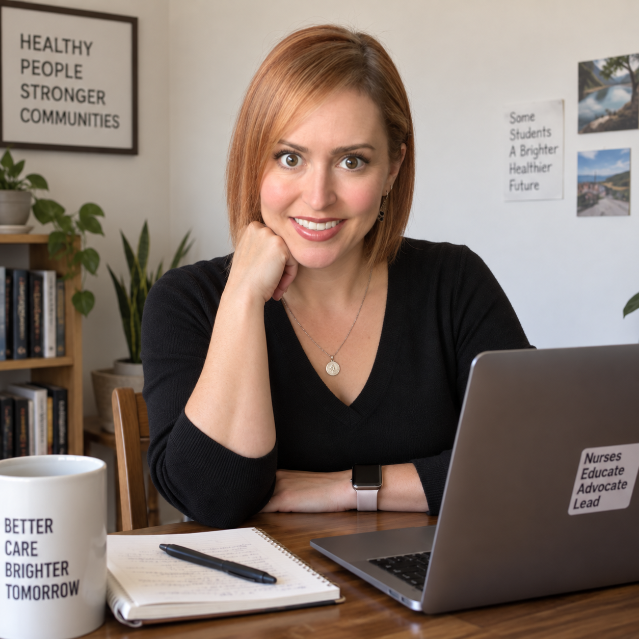 Elena, a nurse educator, at her desk with her laptop